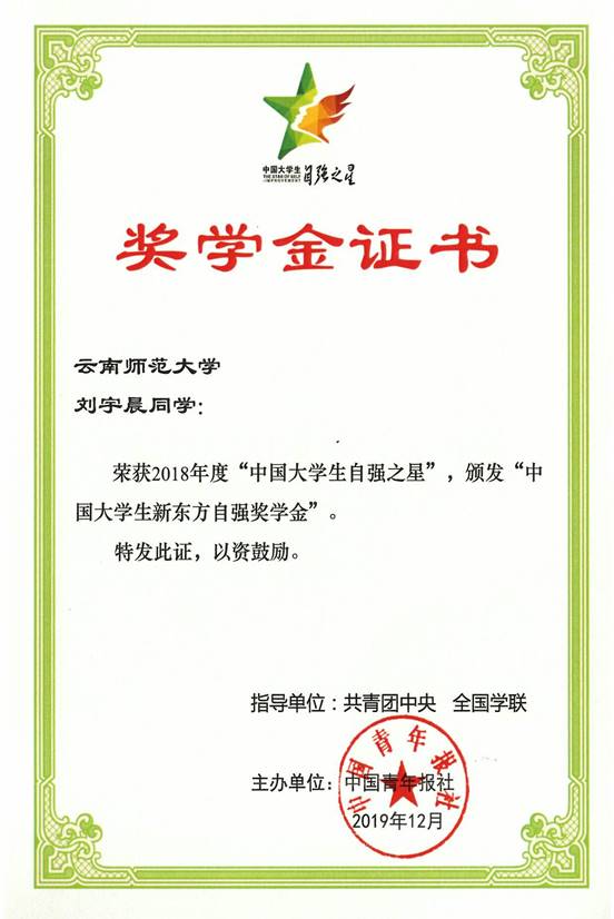 2018年度中国大学生自强之星新东方自强奖学金证书（刘宇晨）